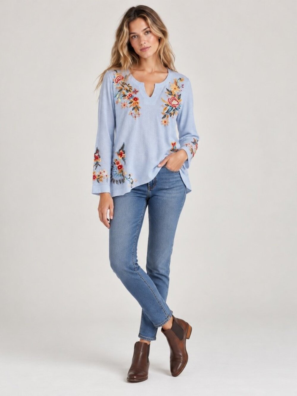 NWT Caite Greer Top Embroidered Floral Split Neck Knit Oxford Blue S Small Kyla - Picture 2 of 16